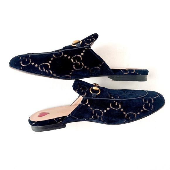 GUCCI | Navy GG Monogram Velvet Princetown Mules Horsebit Loafers Slip On 37.5 - Picture 7 of 9